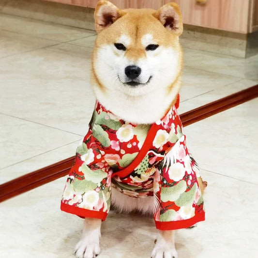 Japanese Kimono Pet Coat – Crane & Cherry Blossom Jacket for Dogs & Cats