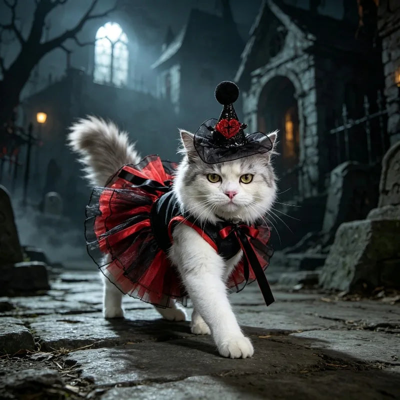 Black Red Tulle Skirt Witch Hat Pet Cat Costume Halloween Themed Party Wear Cute Photography Dress Up Supplies