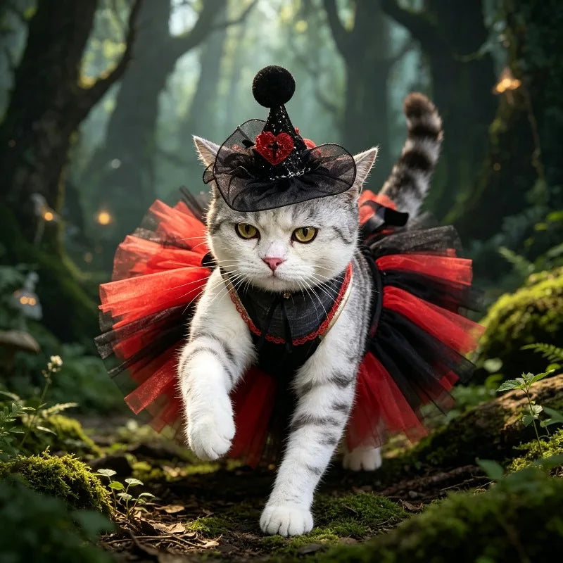 Black Red Tulle Skirt Witch Hat Pet Cat Costume Halloween Themed Party Wear Cute Photography Dress Up Supplies