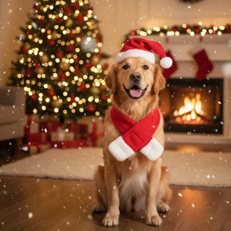 Christmas Pet Outfit for Dogs and Cats Soft Santa Hat and Scarf Costume Ideal for Christmas Photos and Party Events