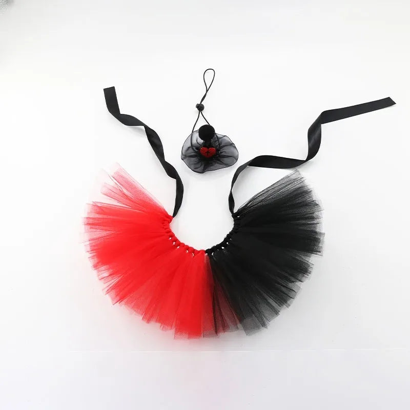 Black Red Tulle Skirt Witch Hat Pet Cat Costume Halloween Themed Party Wear Cute Photography Dress Up Supplies