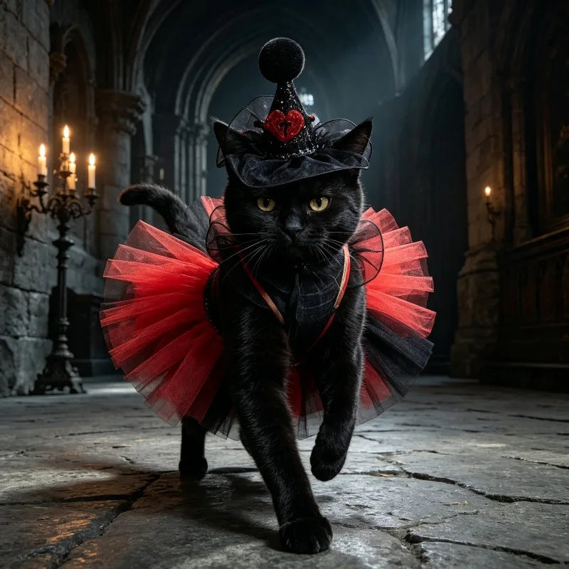 Black Red Tulle Skirt Witch Hat Pet Cat Costume Halloween Themed Party Wear Cute Photography Dress Up Supplies