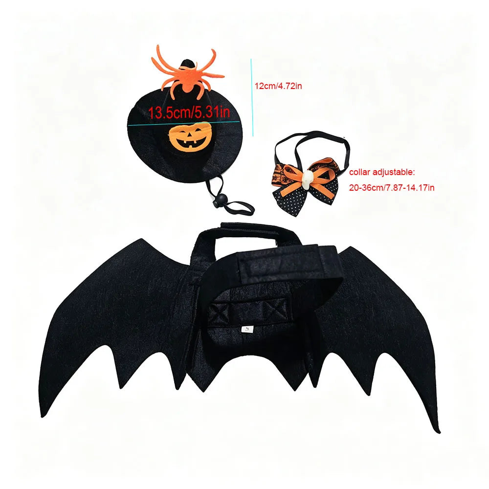 3 PCS Halloween Pet Costume Accessories,Witch Hat,Bat Wing Harness,Skull Bow Tie,Halloween Decors Dress Up for Cat Small Dog