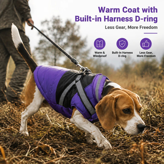 Waterproof Hunting Dog Vest Winter Warm Coat With Reflective Strap Built‑in D‑Ring Harness Outdoor Jacket for Small Medium Dogs