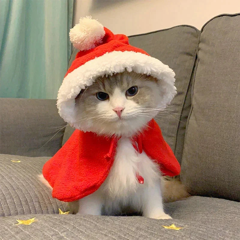 New Funny Cat Christmas Costume Santa Cosplay Pet Christmas Cape Dress Up Clothes Warm Red Scarf Cloak with Hat Pet Accessories
