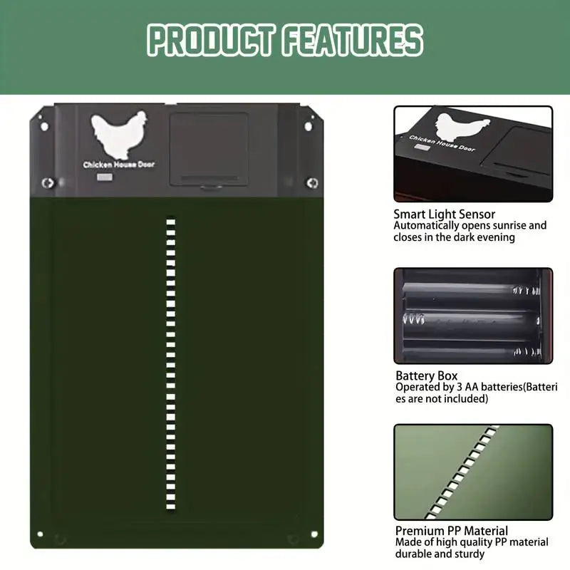 Automatic Chicken Coop Door Chicken House Door Light Sensor Farm Chicken Opener Pets Duck Cage Door Supplies Battery Powered