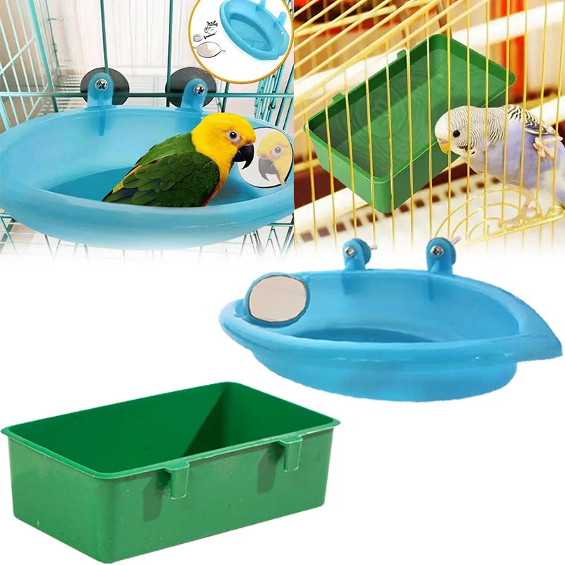 Bird Bath Box Mirror Bird Bath Hanging Plastic Bathtub Bird Food Tray Bird Cage Accessories Parrot Shower Supplies Parrot Feeder